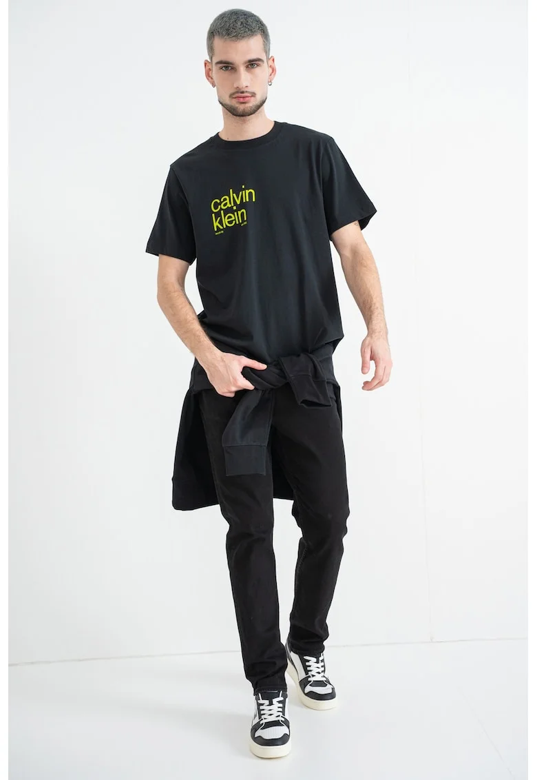 Tricou cu decolteu la baza gatului si logo, Negru/Verde lime