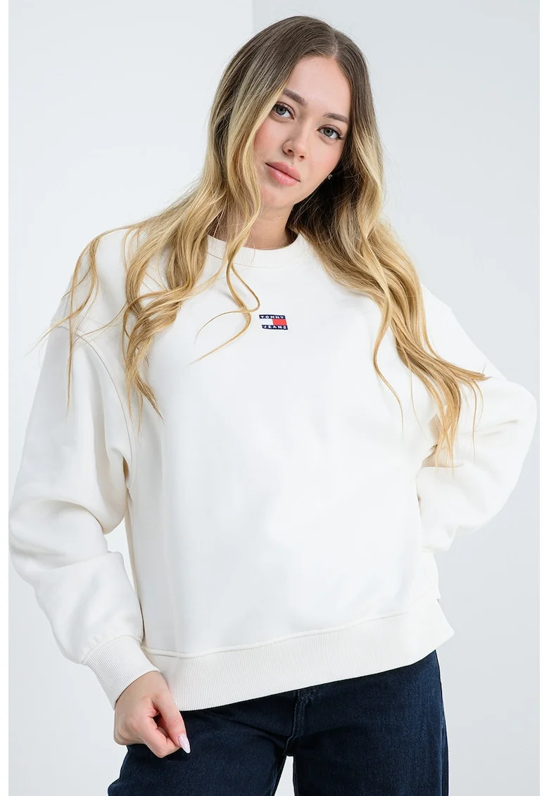 Bluza de trening cu decolteu la baza gatului si logo discret, Alb optic