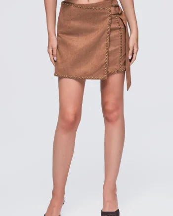 Fusta mini imitatie de piele, inalta, elastica, detalii metalice OW-GL-E0023, Camel, S/M