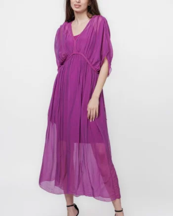 Rochie   Goddess   din matase si vascoza cu snur impletit pe decolteu si talie, magenta