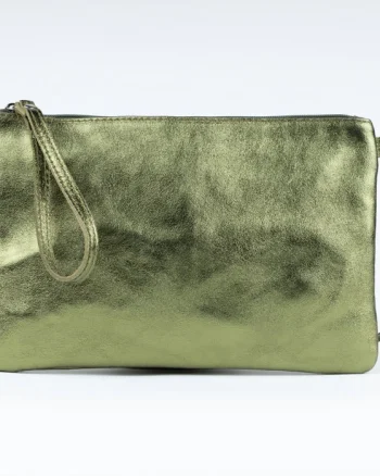 Geanta plic crossbody verde metalizat, din piele naturala