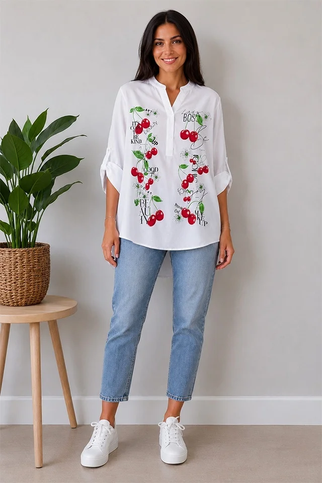 Camasa bumbac LARYSS, imprimeu collage si maneca reglabila, RED Cherry, Marime S/M/L
