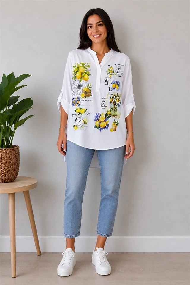 Camasa bumbac LARYSS, imprimeu collage si maneca reglabila, Lemon, Marime S/M/L