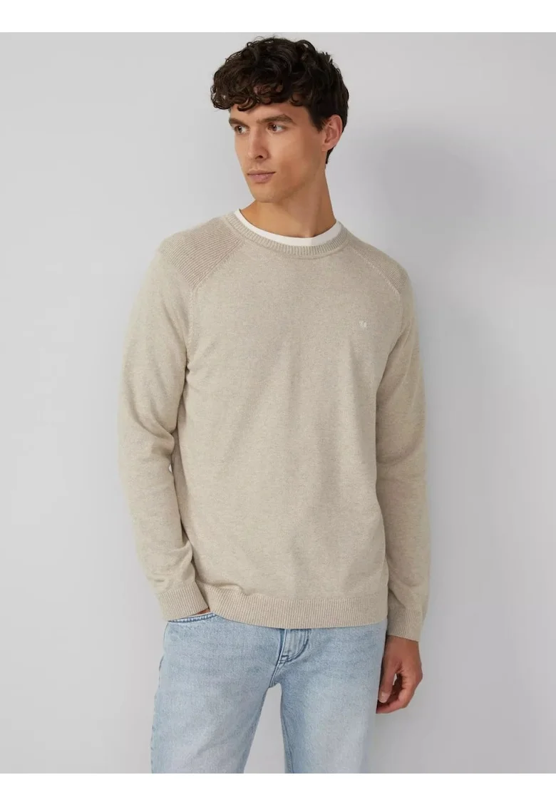 Pulover tricotat barbati cu guler rotund si maneci raglan, Crem