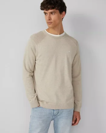 Pulover tricotat barbati cu guler rotund si maneci raglan, Crem