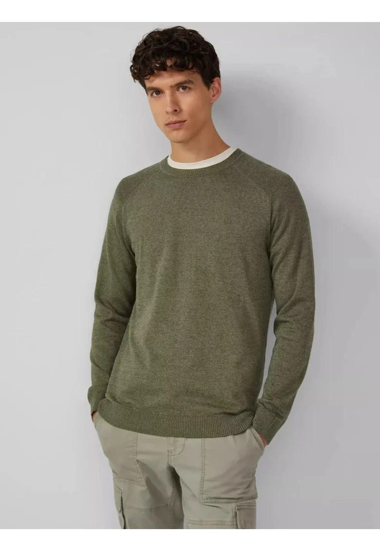 Pulover tricotat barbati cu guler rotund si maneci raglan, Verde inchis