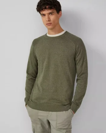 Pulover tricotat barbati cu guler rotund si maneci raglan, Verde inchis