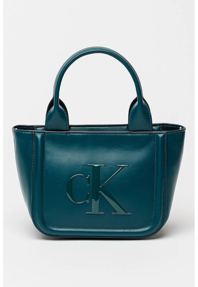 Geanta tote din piele cu model monograma in relief, Verde persan