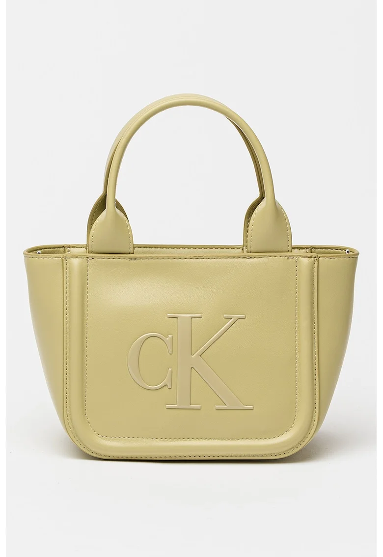 Geanta tote din piele cu model monograma in relief, Verde fistic