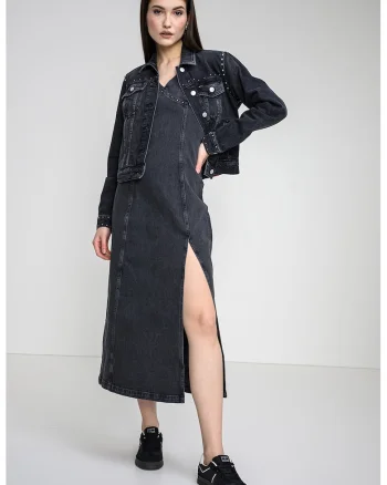 Rochie lunga din denim, Gri melange