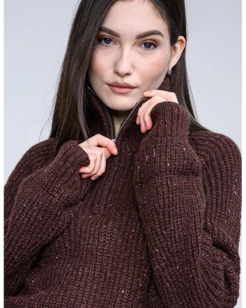 Pulover din amestec de lana cu fenta cu fermoar, Maro