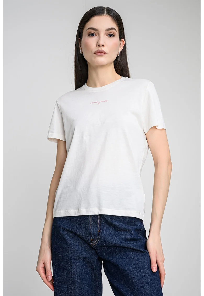 Tricou cu decolteu la baza gatului si detaliu logo, Alb murdar