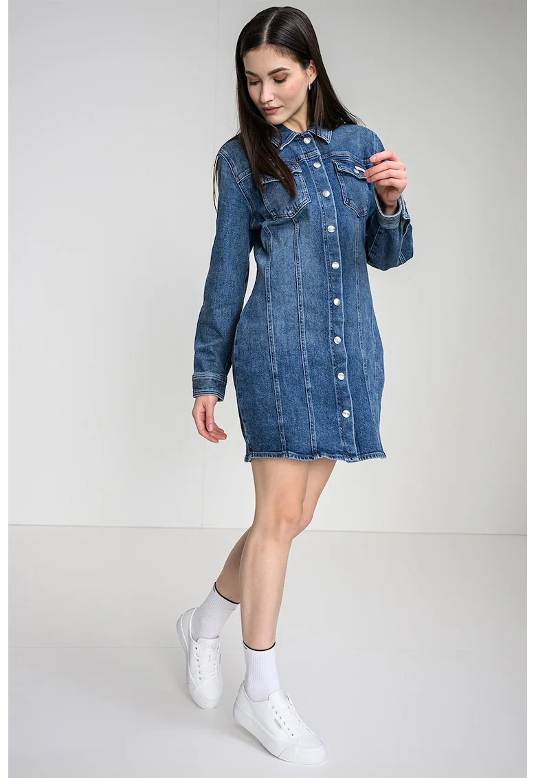 Rochie-camasa din denim cu buzunare pe piept, Albastru melange