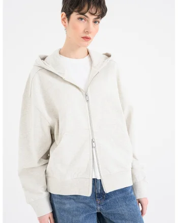 Hanorac lejer cu model uni si fermoar, Crem