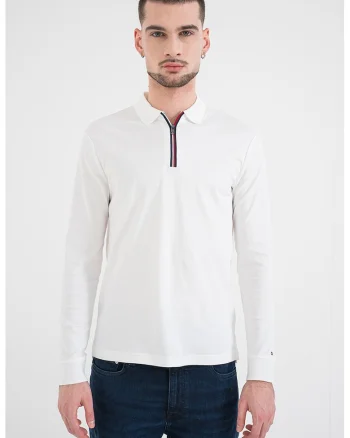 Bluza polo cu fenta cu fermoar, Alb