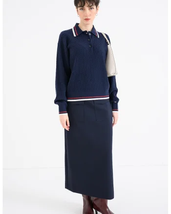 Pulover polo din amestec de lana si casmir, Bleumarin
