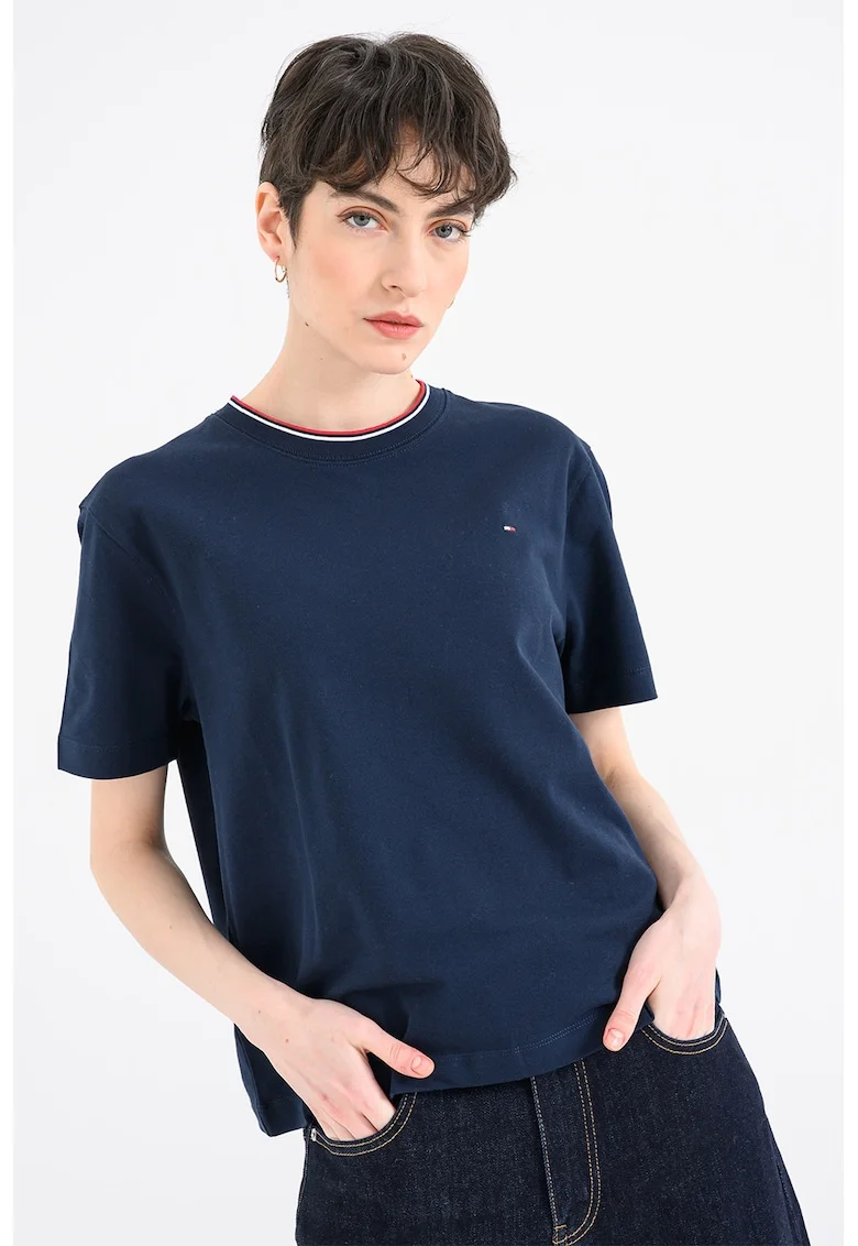 Tricou din amestec de bumbac pique cu decolteu la baza gatului, Bleumarin