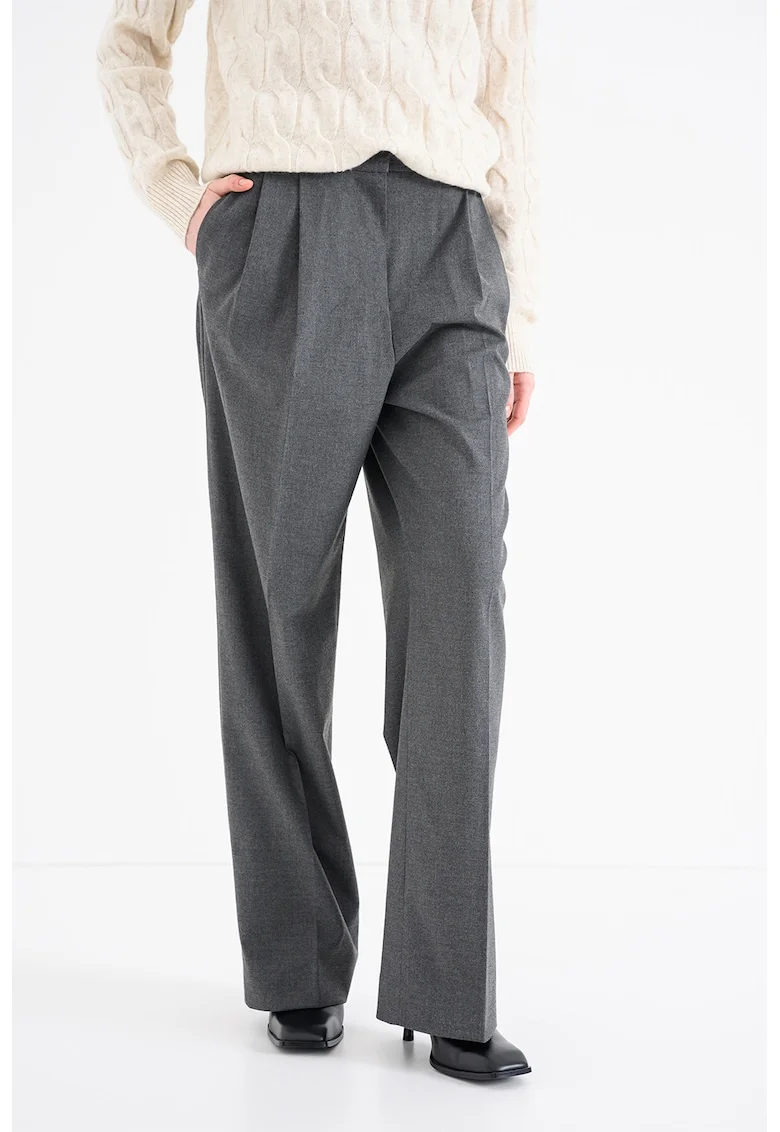 Pantaloni cu talie inalta si pensa, Gri melange