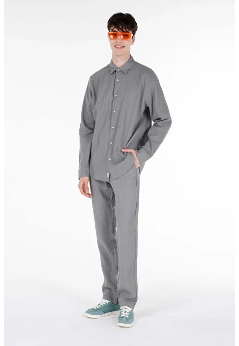 Pantaloni din in cu snur de ajustare in talie, Maro