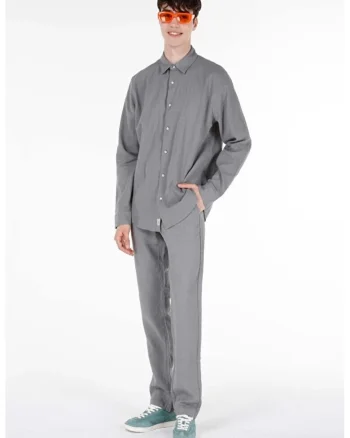 Pantaloni din in cu snur de ajustare in talie, Maro