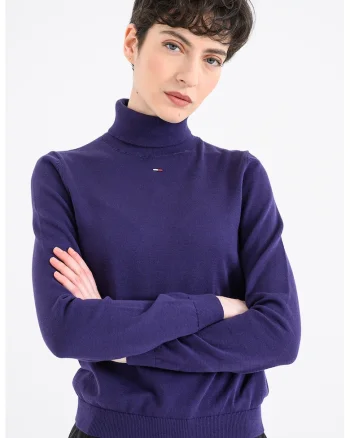 Pulover din bumbac organic cu guler inalt si model uni, Violet