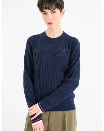Pulover din bumbac organic cu model torsade, Bleumarin