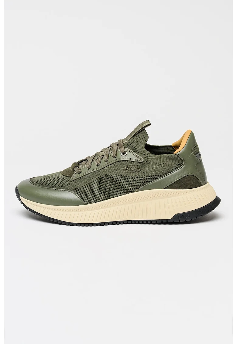 Pantofi sport tricotati cu talpa wedge si insertii din piele, Verde deschis