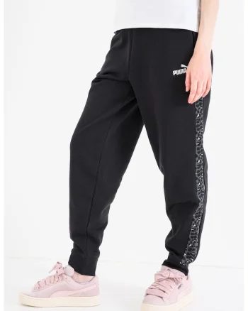 Pantaloni de trening cu imprimeu grafic si benzi laterale contrastante Ess, Negru stins