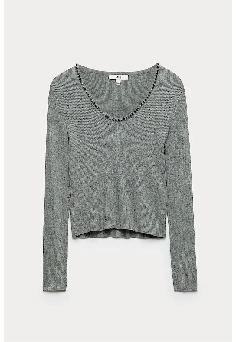 Pulover slim-fit cu aplicatie din margele, Gri melange