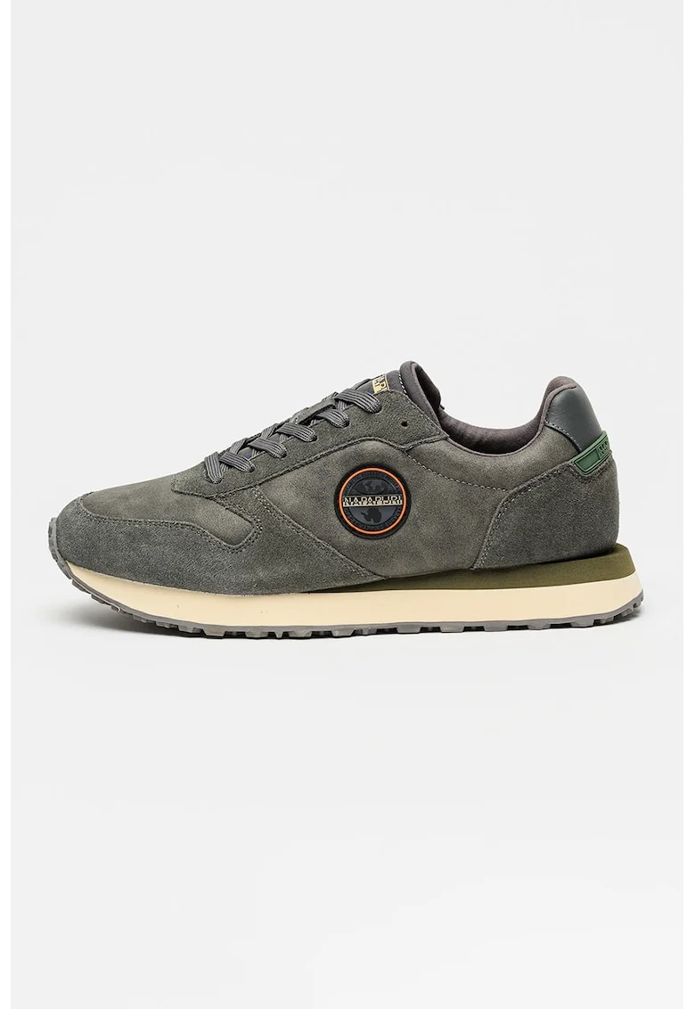 Pantofi sport Nova cu aplicatie logo si garnituri de piele intoarsa, Kaki inchis/Gri inchis