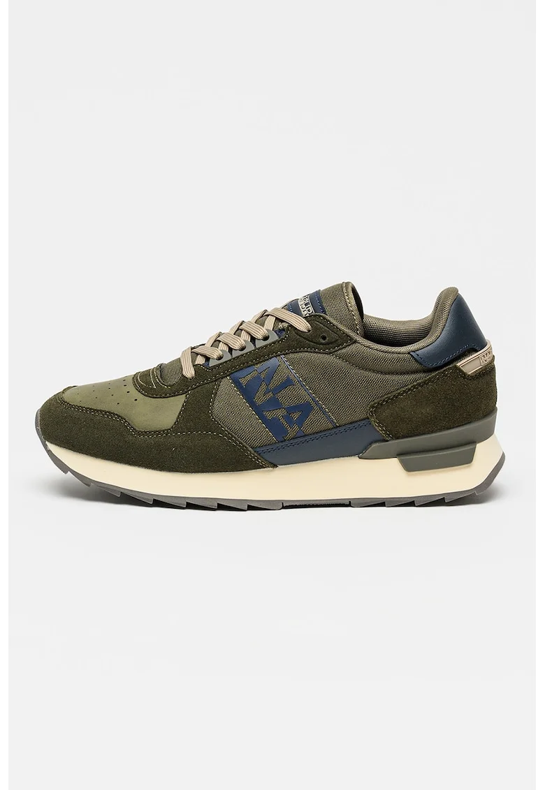 Pantofi sport low-cut cu logo si garnituri de piele intoarsa, Kaki inchis/Bleumarin