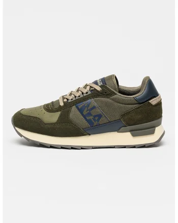 Pantofi sport low-cut cu logo si garnituri de piele intoarsa, Kaki inchis/Bleumarin