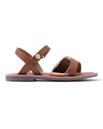 Sandale din piele cu bareta cu aspect metalizat, Maro