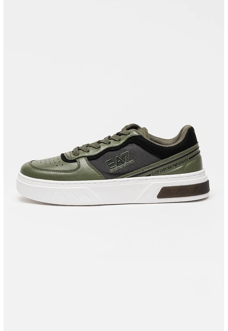 Pantofi sport din piele ecologica cu detalii logo, Verde inchis
