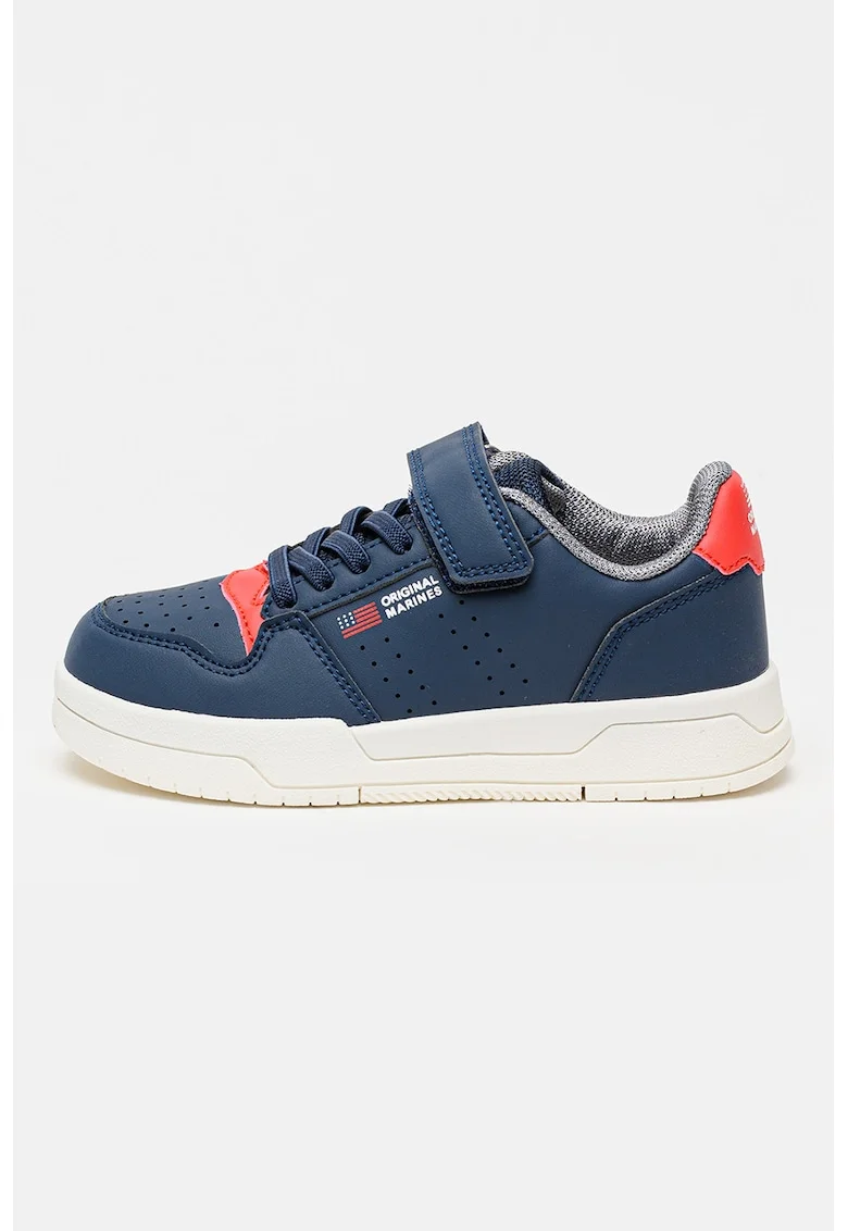 Pantofi sport din piele ecologica cu sireturi elastice, Rosu/Bleumarin