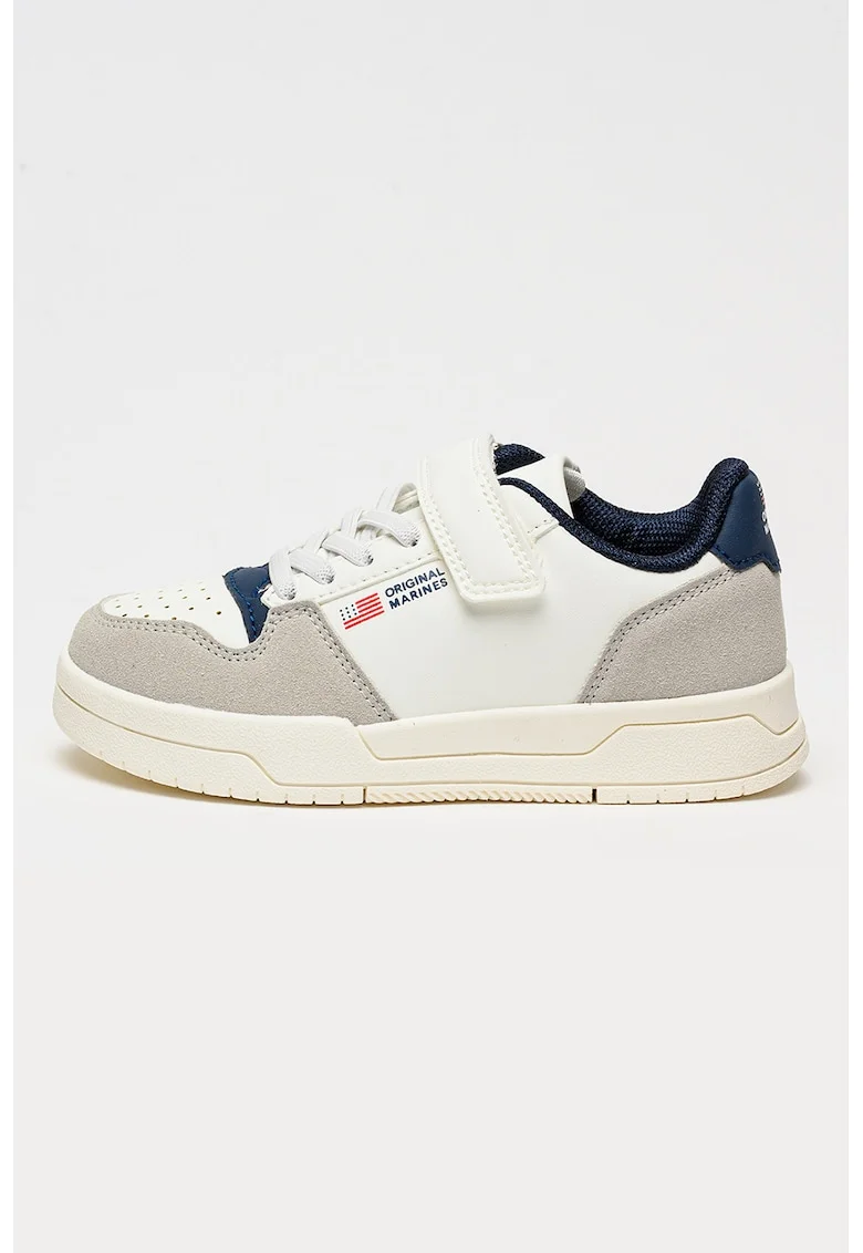 Pantofi sport din piele ecologica cu sireturi elastice, Gri deschis/Alb optic/Bleumarin