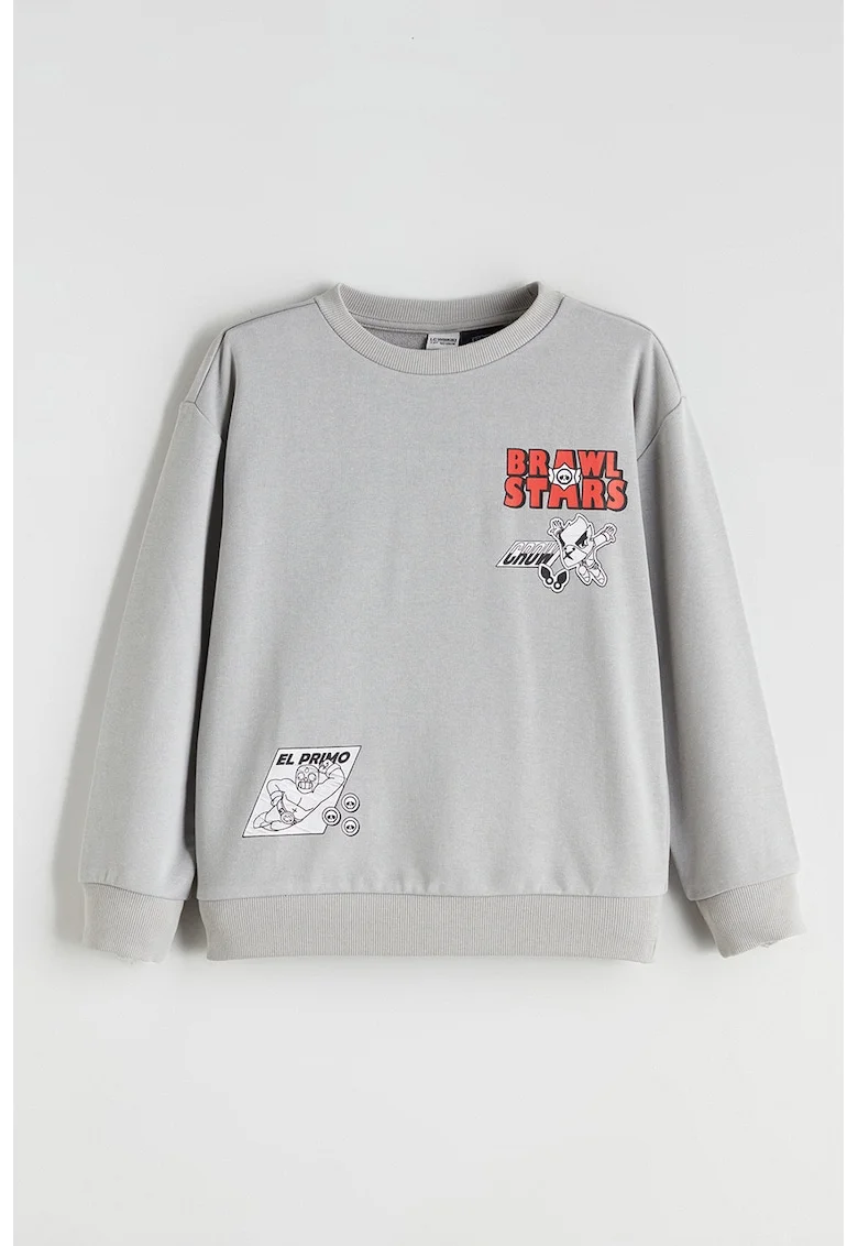 Bluza de trening cu maneci cazute si imprimeu grafic, Gri deschis