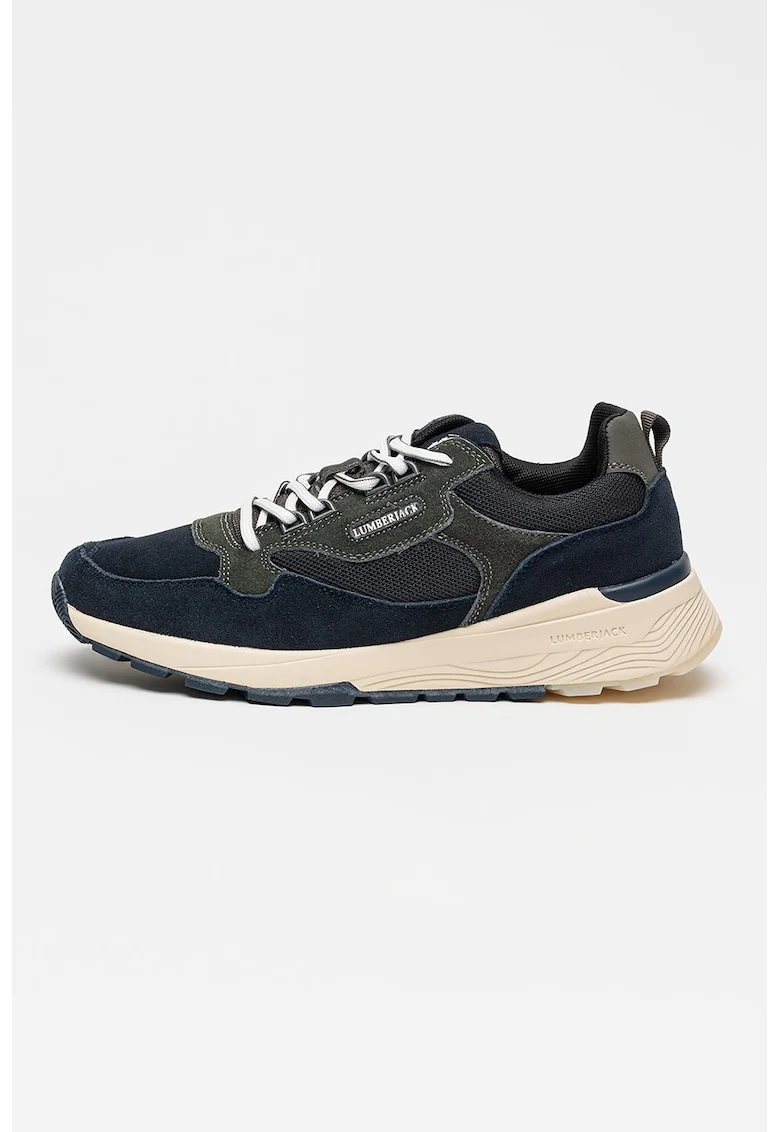 Pantofi sport de piele intoarsa cu insertii textile, Albastru ultramarin/Gri inchis