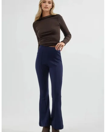 Pantaloni dama,  evazati, talie inalta, bleumarin, textil