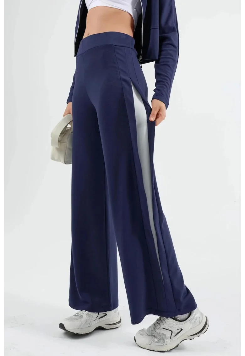 Pantaloni dama,  Pantaloni cu detalii dungate, Albastru miez de noapte, Textil