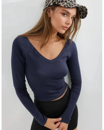 Bluza dama,  mulata, maneca lunga, bleumarin, jerseu