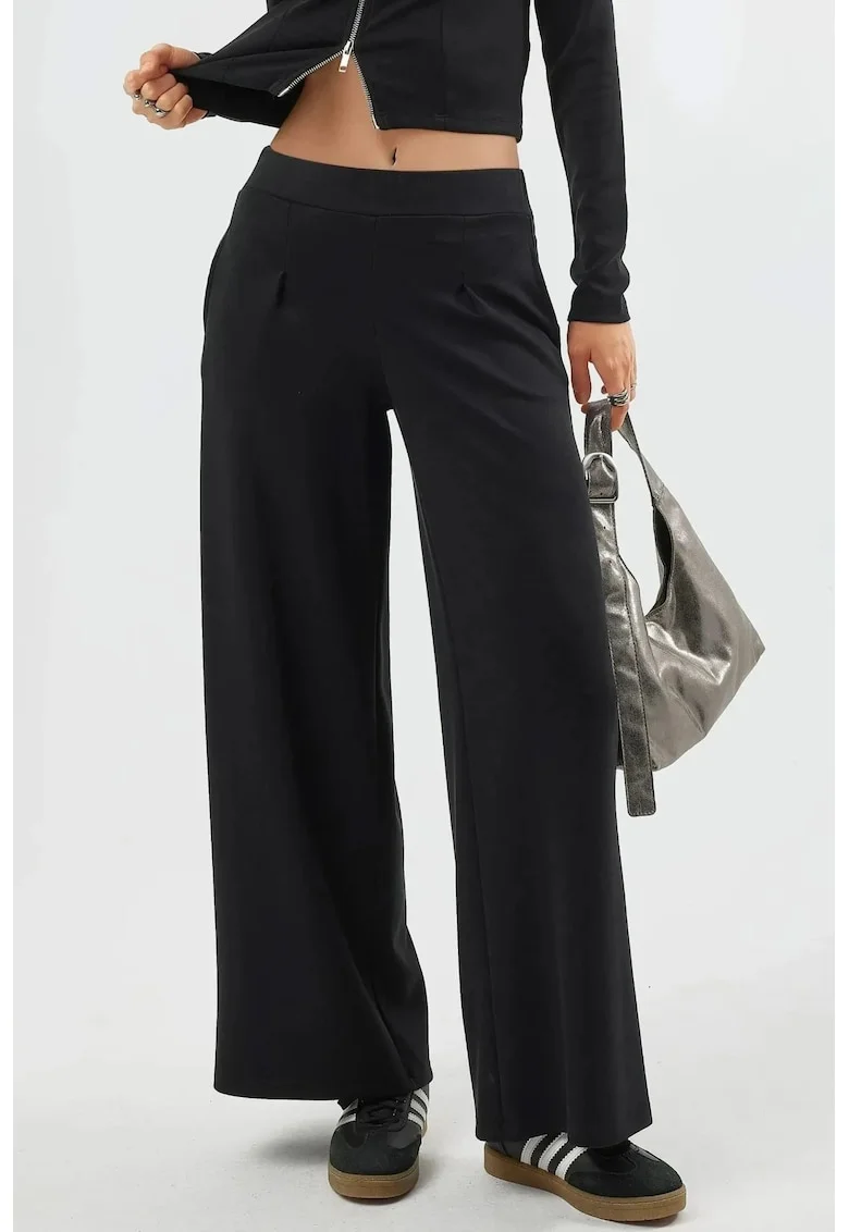 Pantaloni dama,  picior talie elastica, negru, textil, Negru