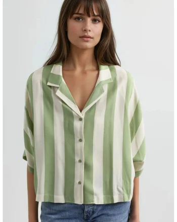Camasa dama,  cu dungi, croiala relaxata, alb-verde, textil