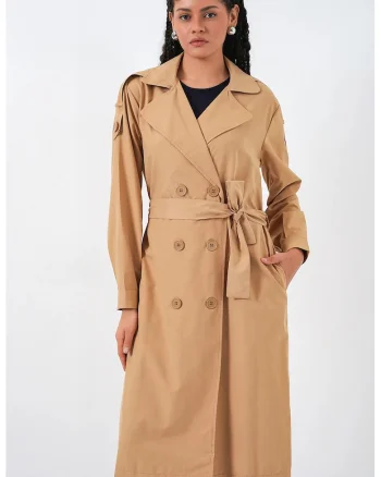 Trenci dama  lung, bej natural, textil, doua randuri de nasturi