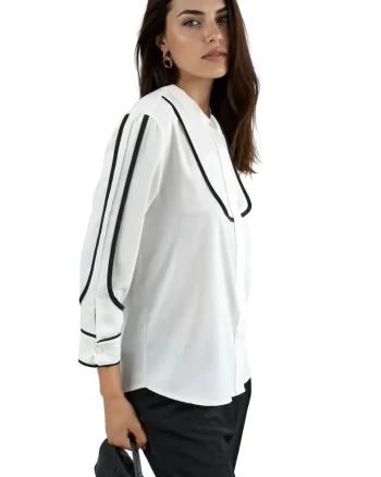 Bluza dama,  detalii de cusaturi contrastante, alb/negru, textil