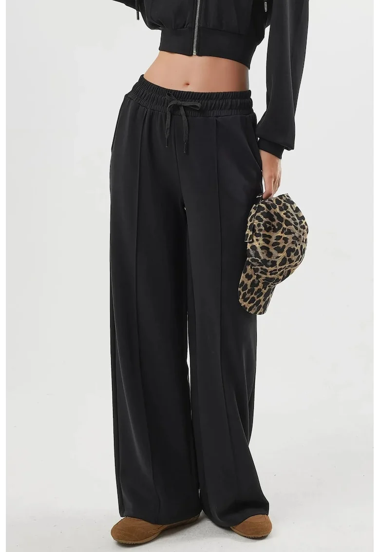 Pantaloni dama  picior drept, talie elastica, negru, textil, Negru