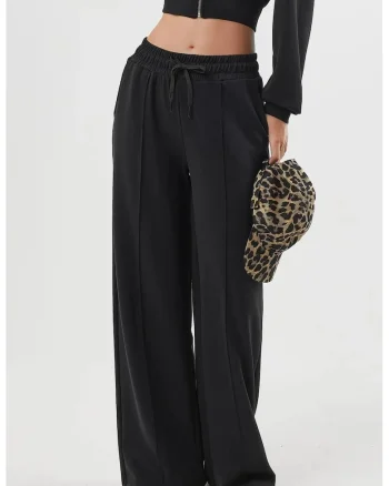 Pantaloni dama  picior drept, talie elastica, negru, textil, Negru
