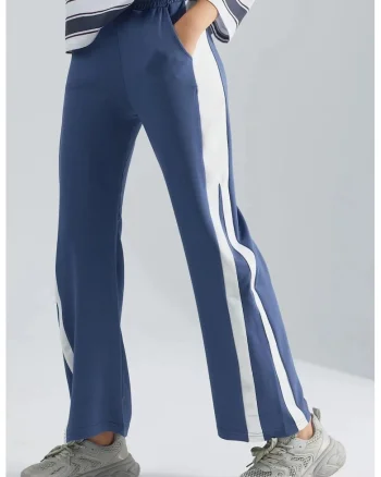 Pantaloni dama,  talie inalta, picior larg, albastru, textil