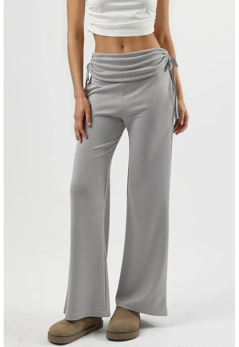 Pantaloni dama,  pantaloni largi cu talie inalta, gri, textil