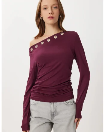 Bluza dama, Happiness Istanbul, din viscoza, guler asimetric, Rosu